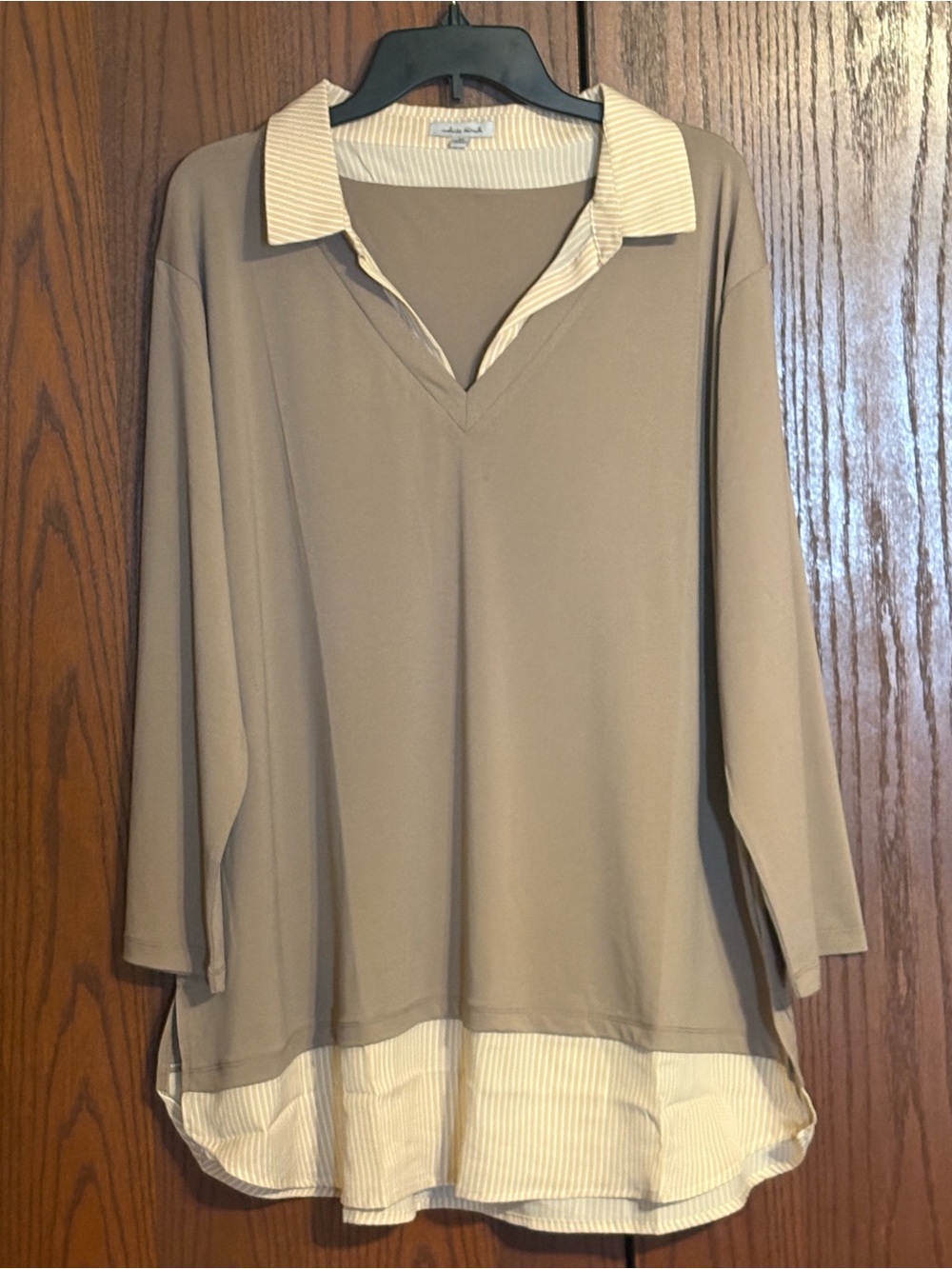 White Birch Taupe Layered V‑Neck Tunic with Striped Collar and Hem 3X